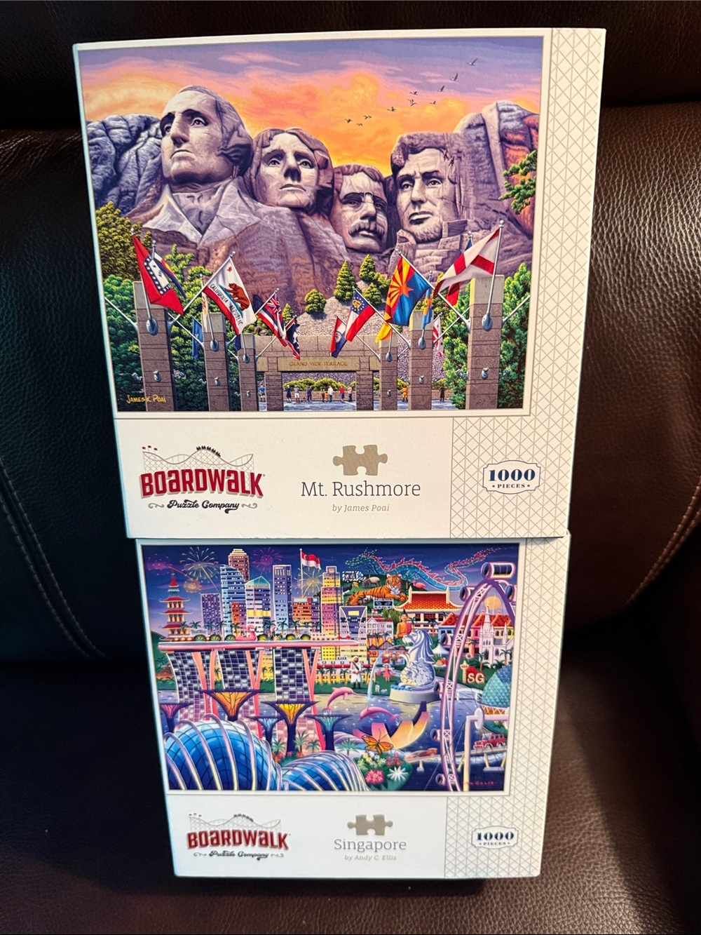 Boardwalk puzzle co Singapore & Mt. Rushmore 1000-Piece Puzzles. Bundle of 2